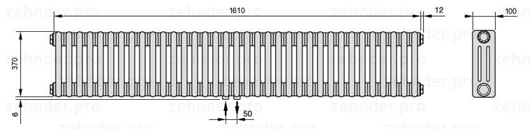 Схема (чертеж) Радиатор Zehnder Charleston 3037/35 №3470 Белый глянцевый RAL 9016
